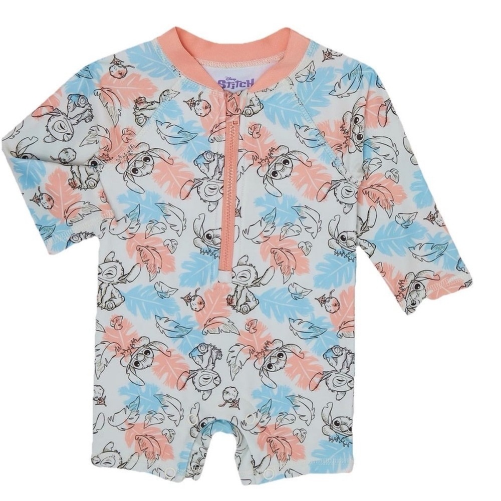 Disney Stitch Baby Rash Guard Swimsuit Long Sleeve Zip Romper 12M UPF 50+ NWOT